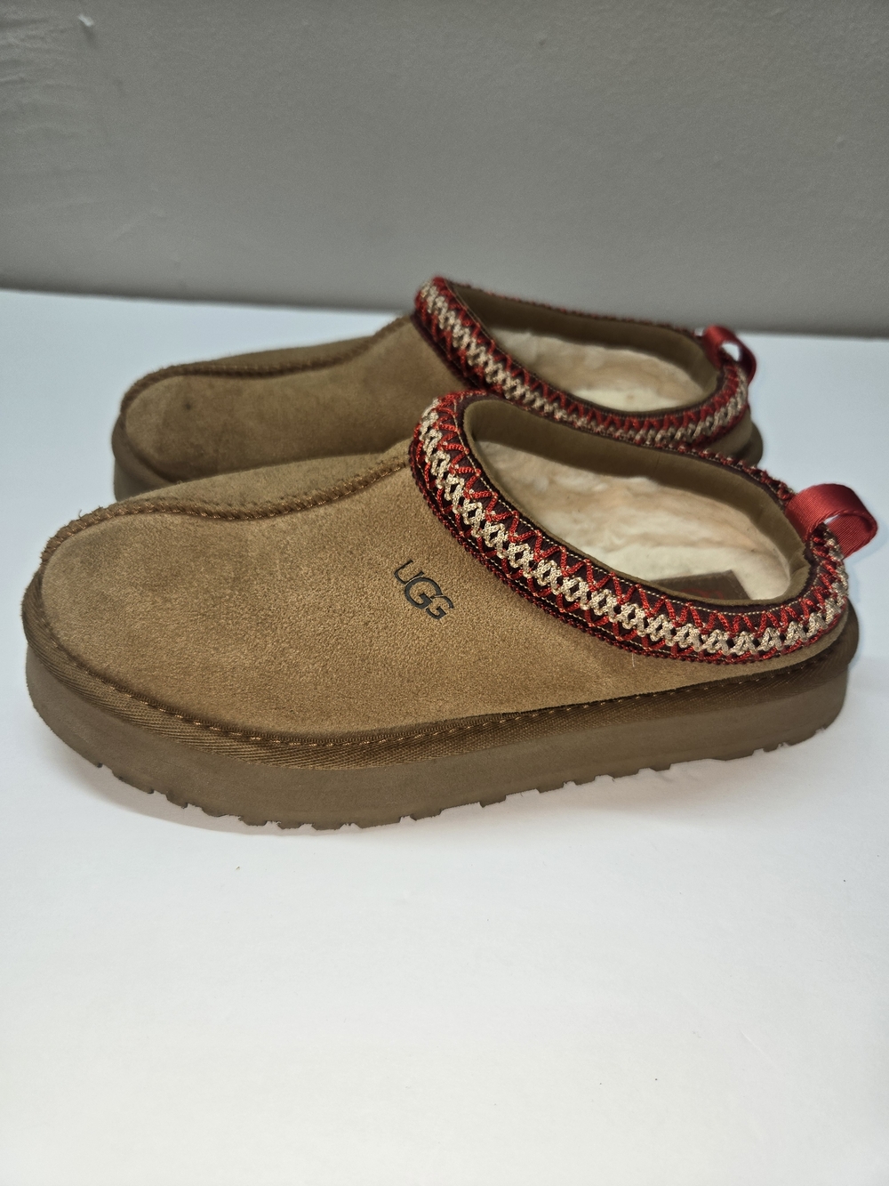 UGG Kids Chestnut Suede Slip-On Clogs with Red Trim